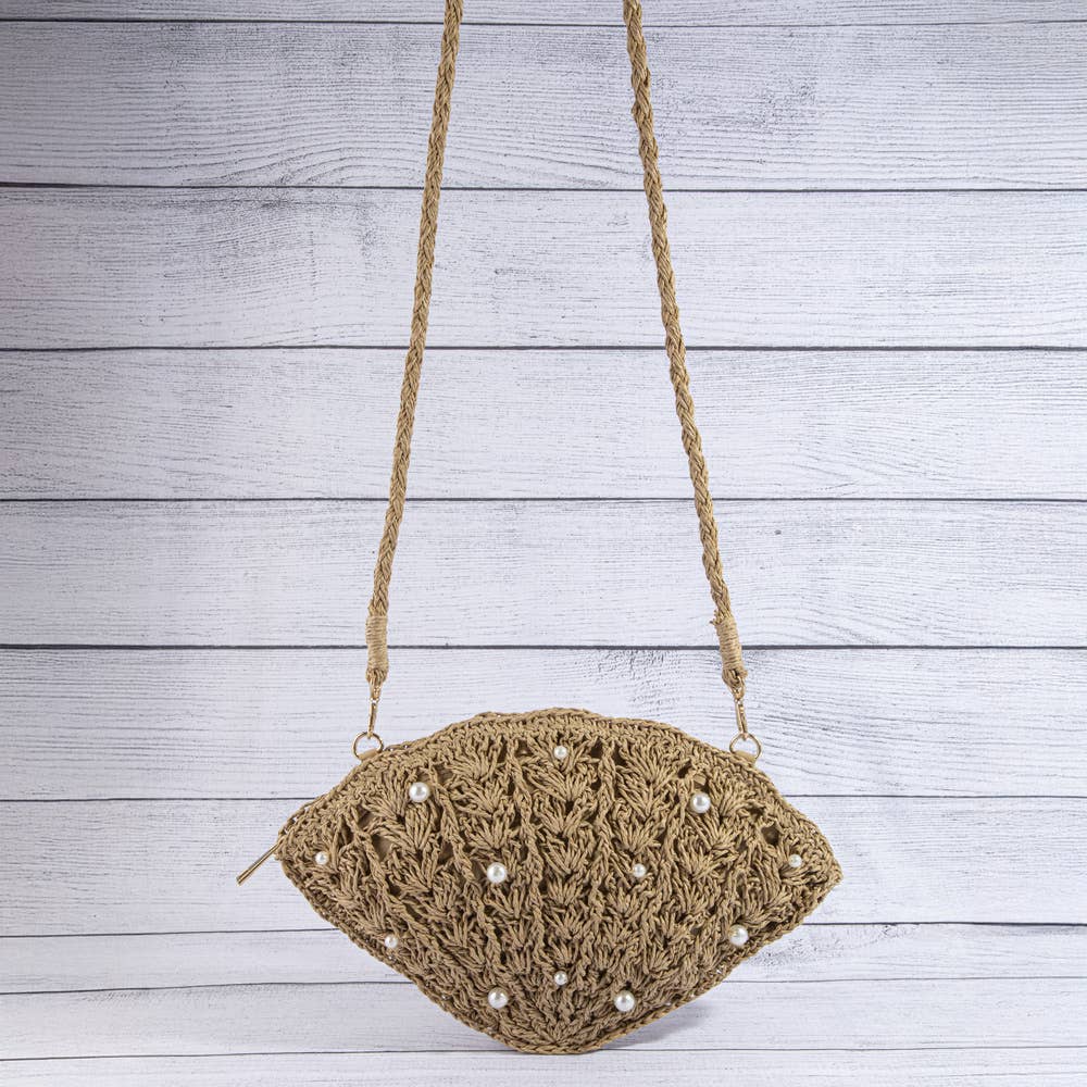 Shell Pearl Beaded Straw Crochet Crossbody Bag