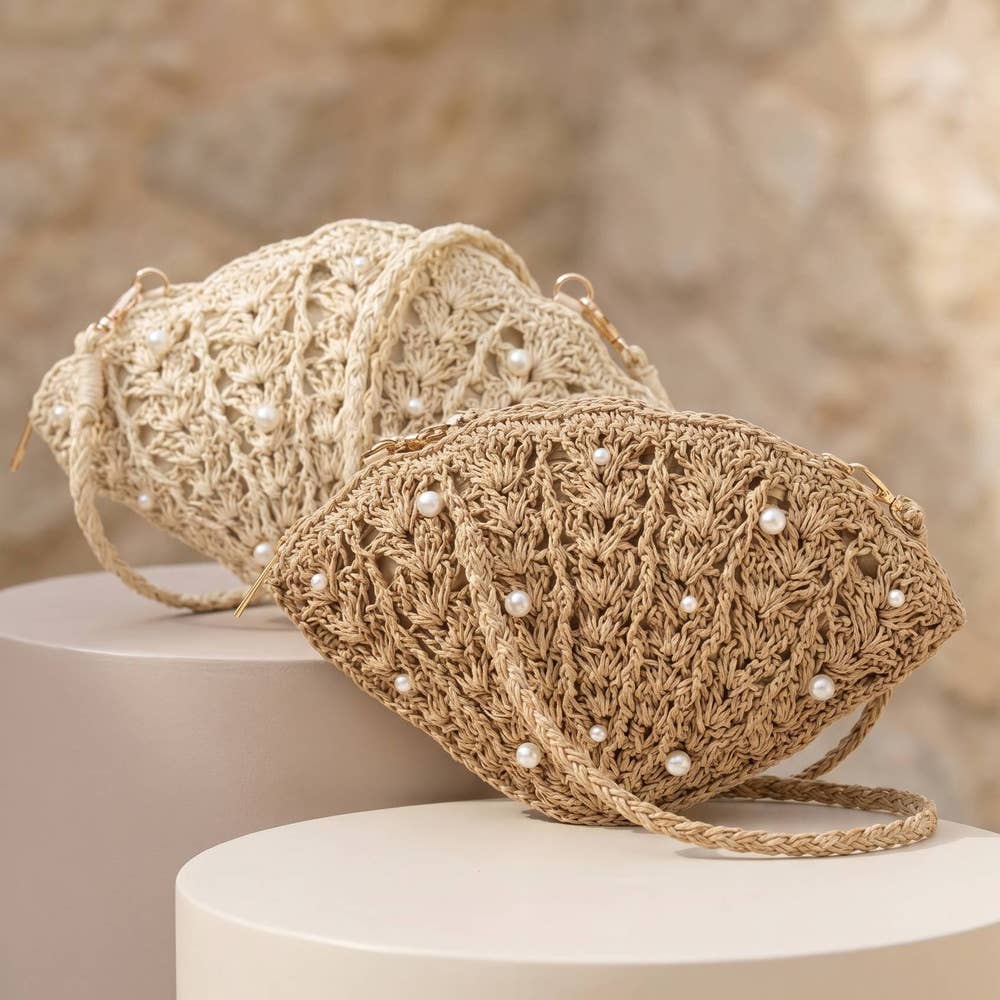 Shell Pearl Beaded Straw Crochet Crossbody Bag
