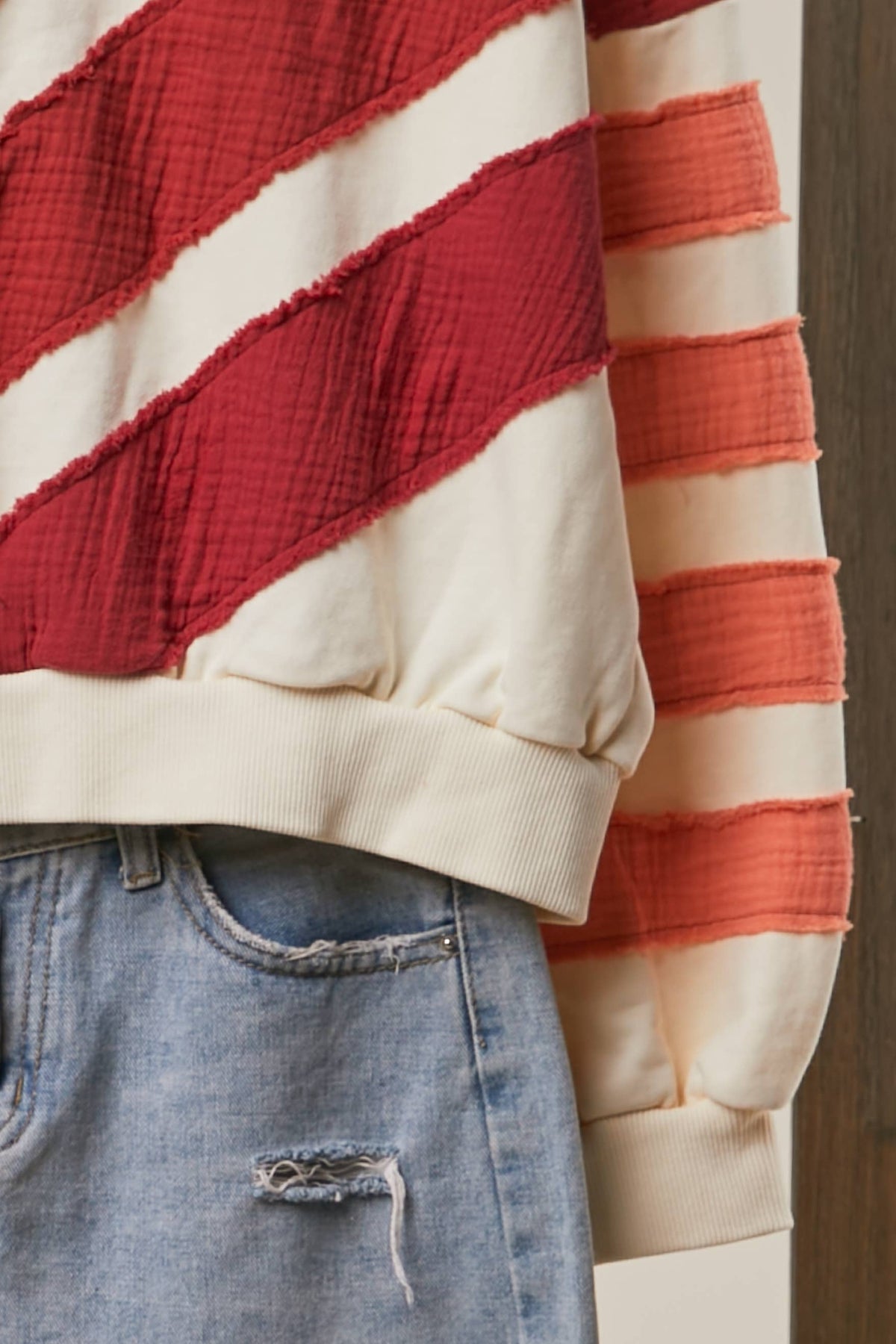 Textured Diagonal Stripe Patchwork Sweatshirt