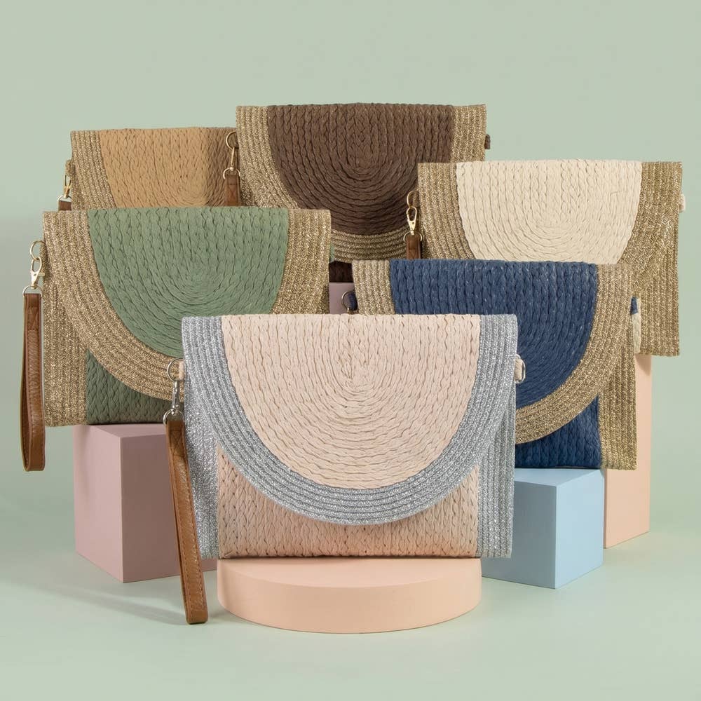 Half Moon Flap Woven Straw Clutch Bag