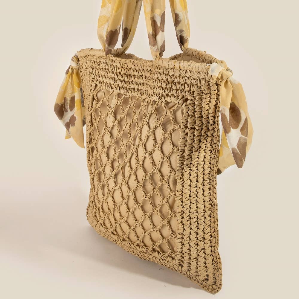 Tropical Bandana Strap Straw Braided Tote Bag