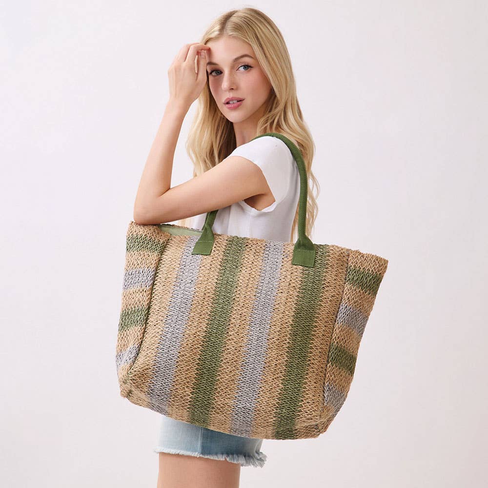 Natural Multi Color Stripe Straw Tote Bag