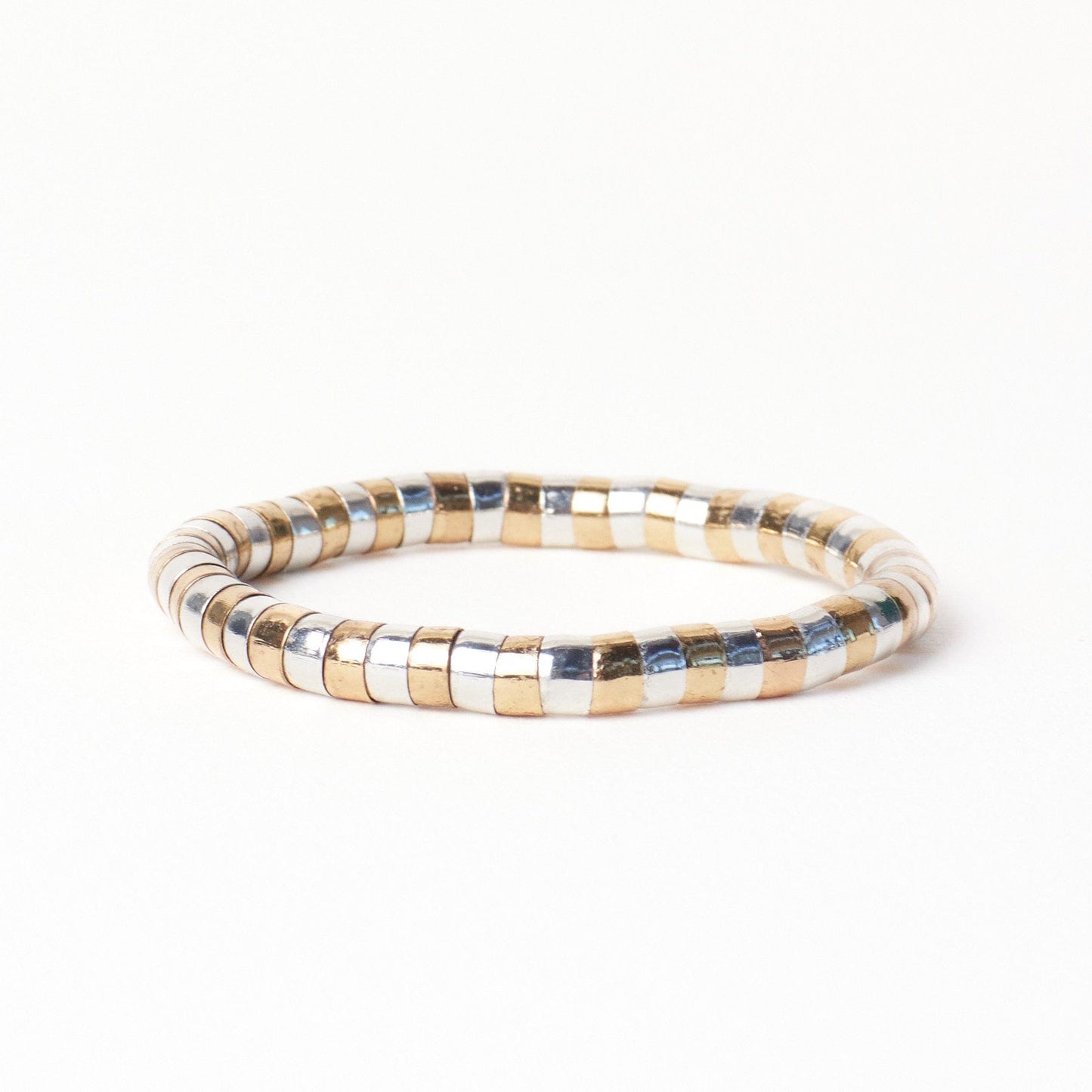 Lucille Round Bead Stretch Bracelet Alternating Brass + Silver