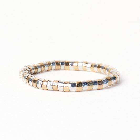 Lucille Round Bead Stretch Bracelet Alternating Brass + Silver