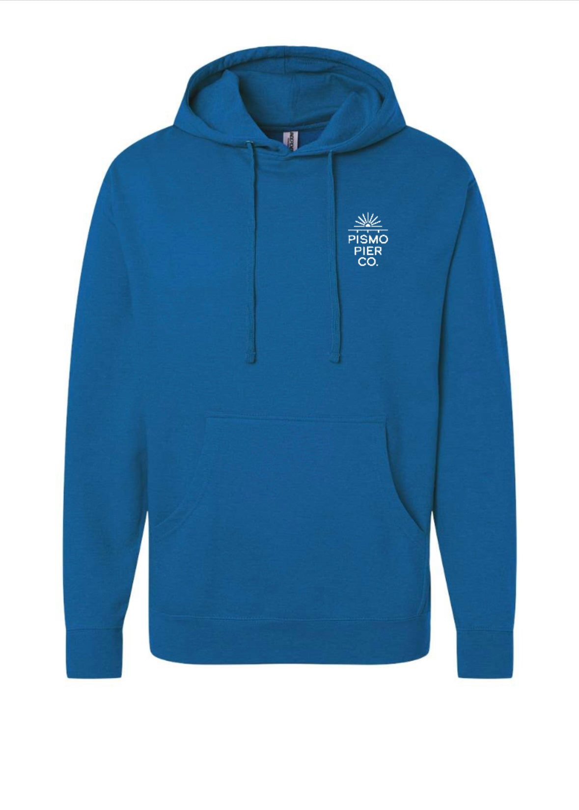Blue hoodie with a logo on a white background