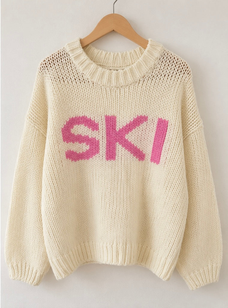 Chunky "Ski" Sweater - Cream with Pink Letters