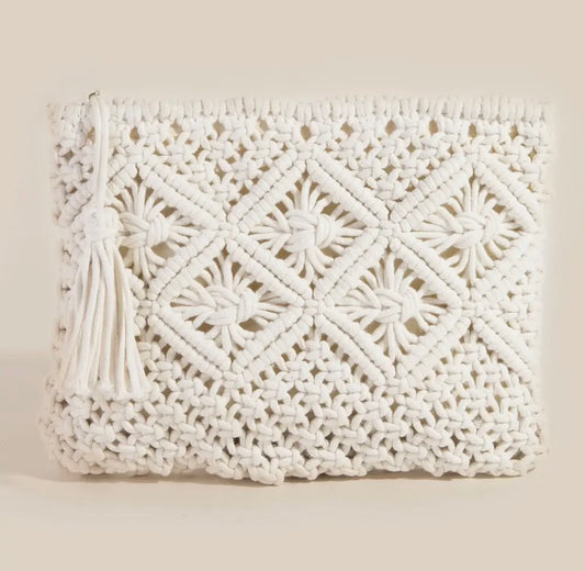 Crochet Clutch Tassel Purse - Ivory