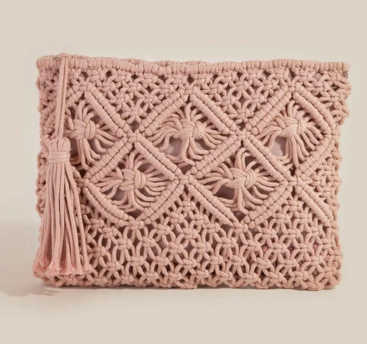 Crochet Clutch Tassel Purse - Pink