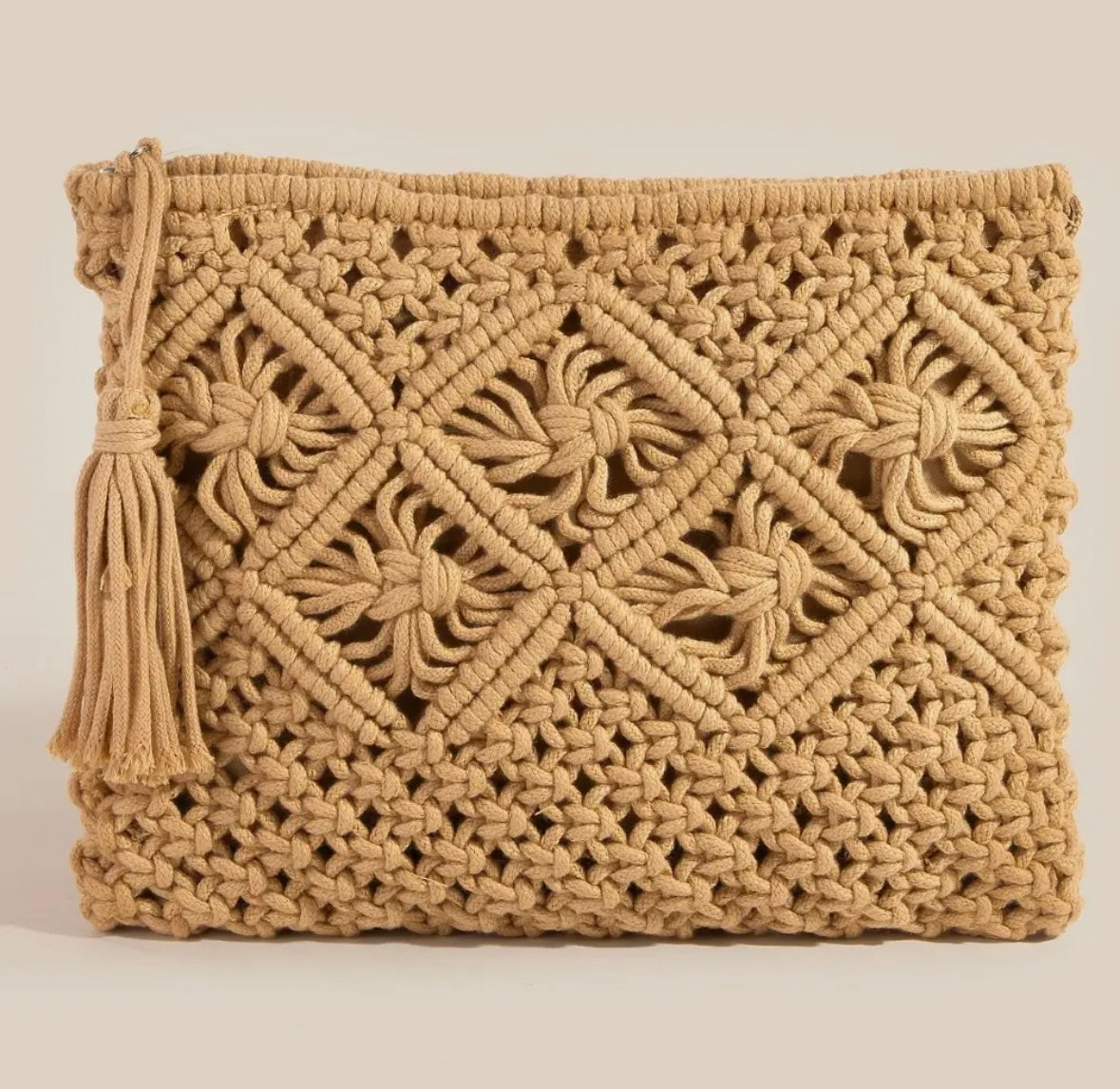 Crochet Clutch Tassel Purse - Tan