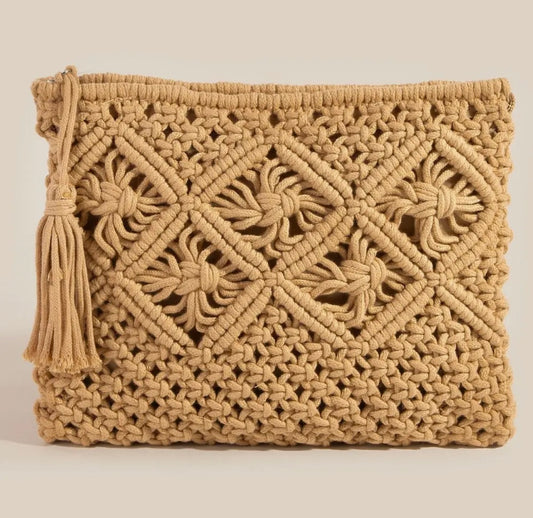 Crochet Clutch Tassel Purse - Tan
