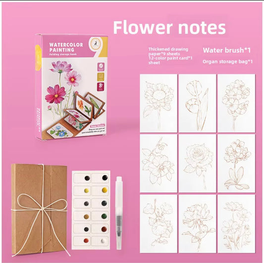 Portable Watercolor Painting Kit with Folding Sketchbook, 12 Colors & Water Brush