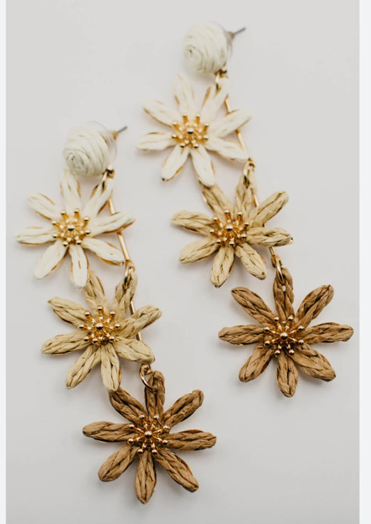 Straw Weave Triple Flower Dangle Earring