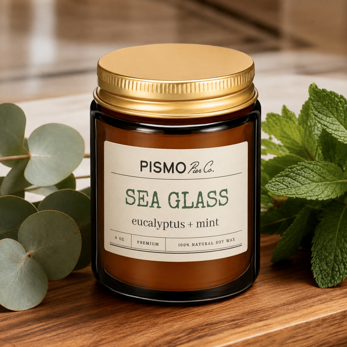 Sea Glass Soy Wax Candle – Eucalyptus Mint, 6 oz | Pismo Pier Co.