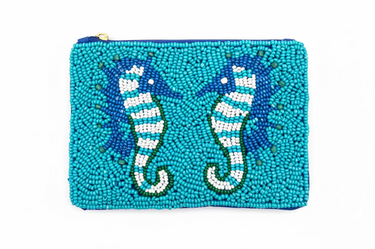 Blue Seahorse Beaded Coin Purse