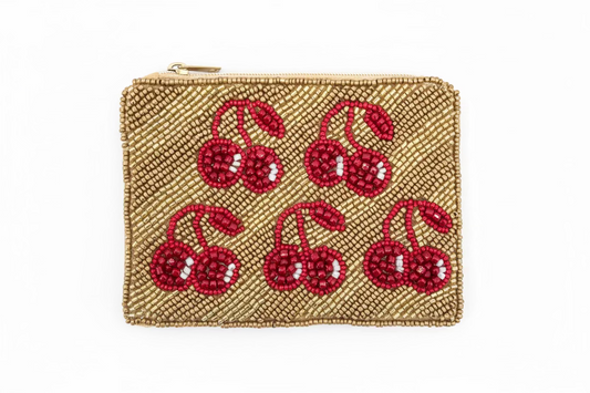 Two Tone Cherries Seed Beaded Coin Purse