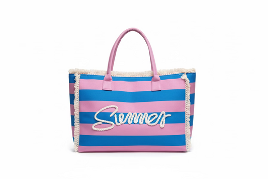 Striped Fringe trim Summer print Tote bag - Royal Blue and Pink