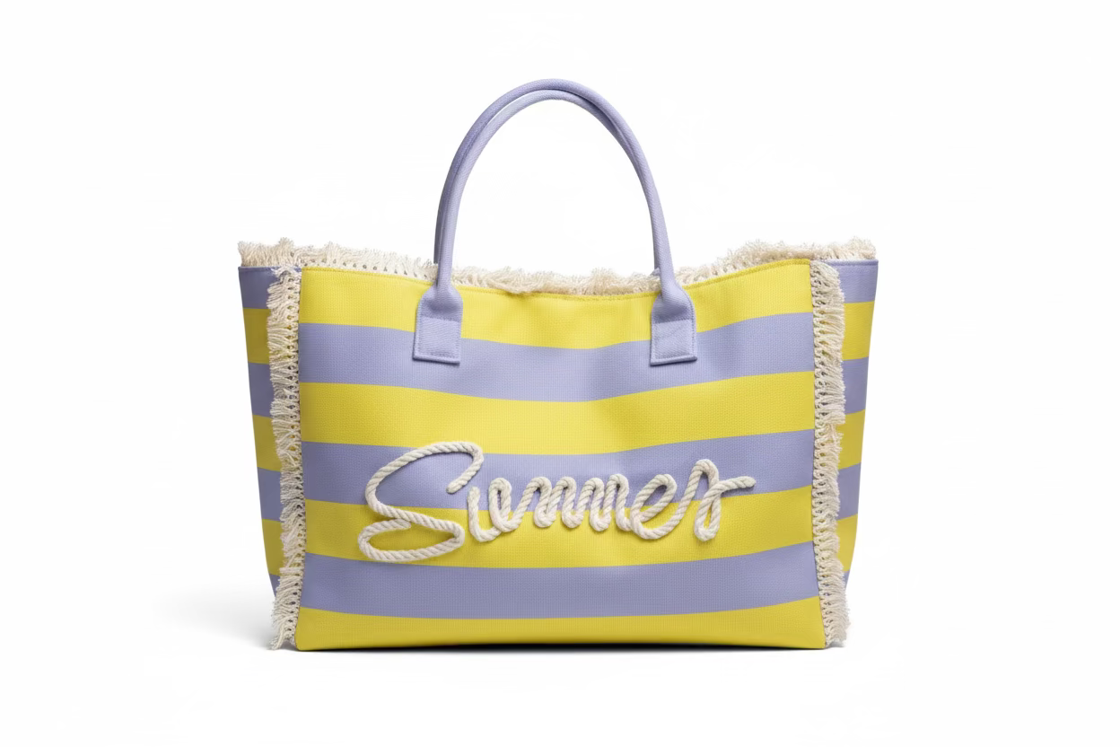 Striped Fringe Trim Summer Print Tote Bag - Yellow and Lavendar