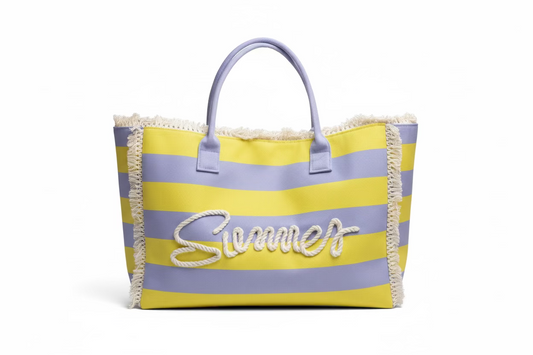 Striped Fringe Trim Summer Print Tote Bag - Yellow and Lavendar