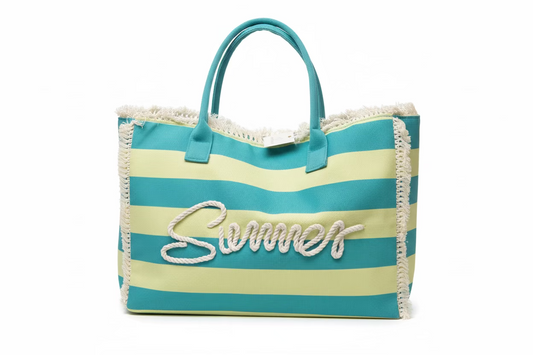 Striped Fringe Trim Summer Print Tote Bag - Blue and Lime