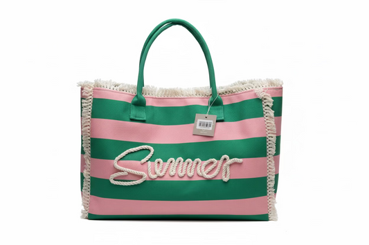 Striped Fringe Trim Summer Print Tote Bag - Pink and Green