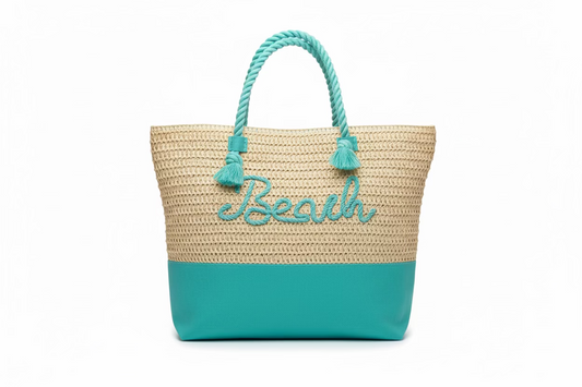 Large Beach Print Braided Tote Bag - Blue