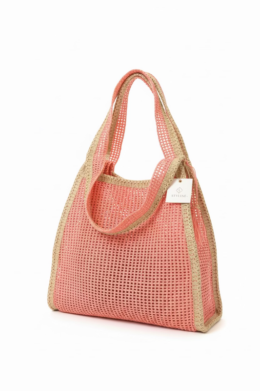 Two Tone Woven Straw Tote Bag
