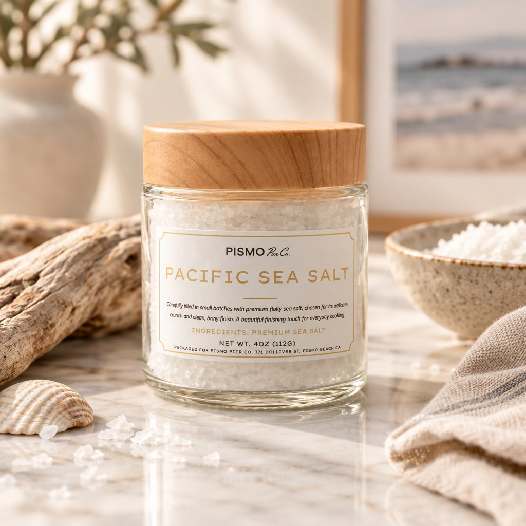 A clear glass jar of Pismo Sea Salt with a light wood-grain lid, set against a neutral gray background.
