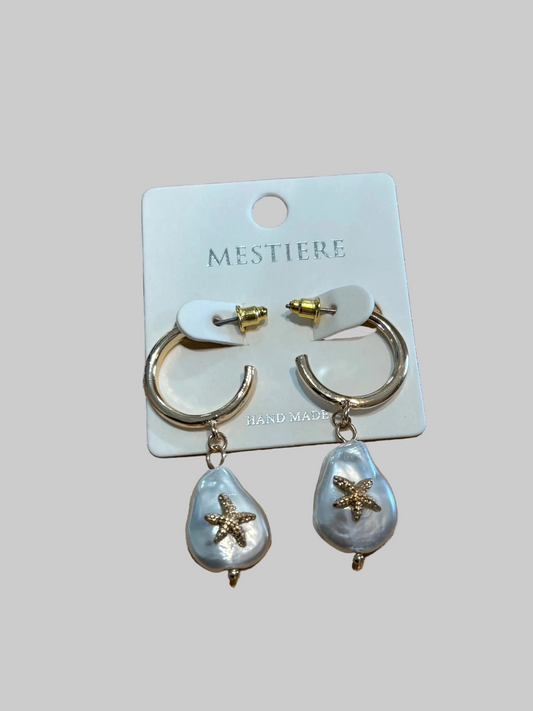 Starfish Pearl Dangle Hoop Earring