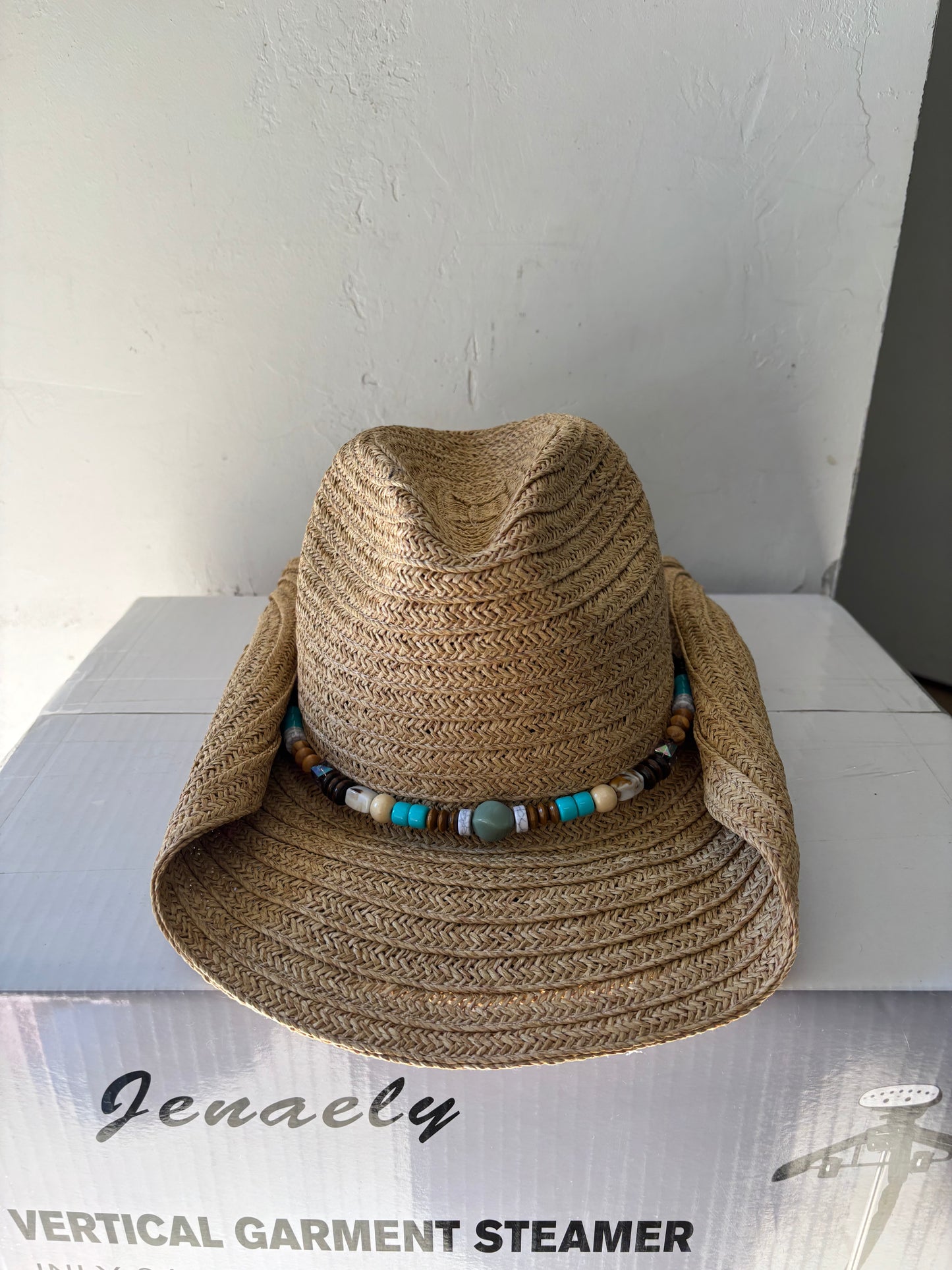 Beaded Strap Straw Western Cowboy Hat - Tan