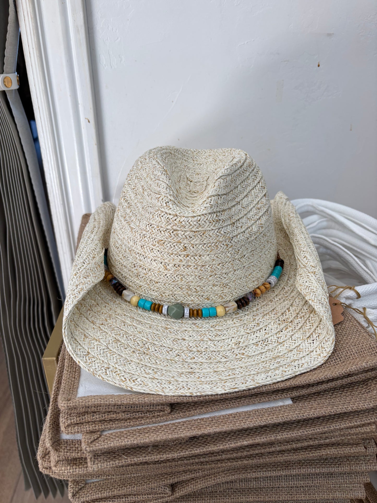 Beaded Strap Straw Western Cowboy Hat - Ivory