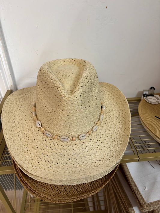 Cowrie Shell Straw Braided Western Cowboy Hat Ivory