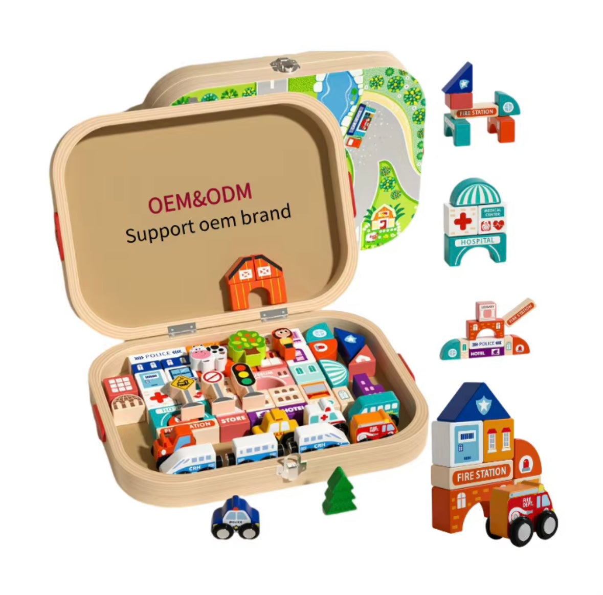 Wooden City Building Blocks Playset with Road Map Storage Case - Montessori Inspired