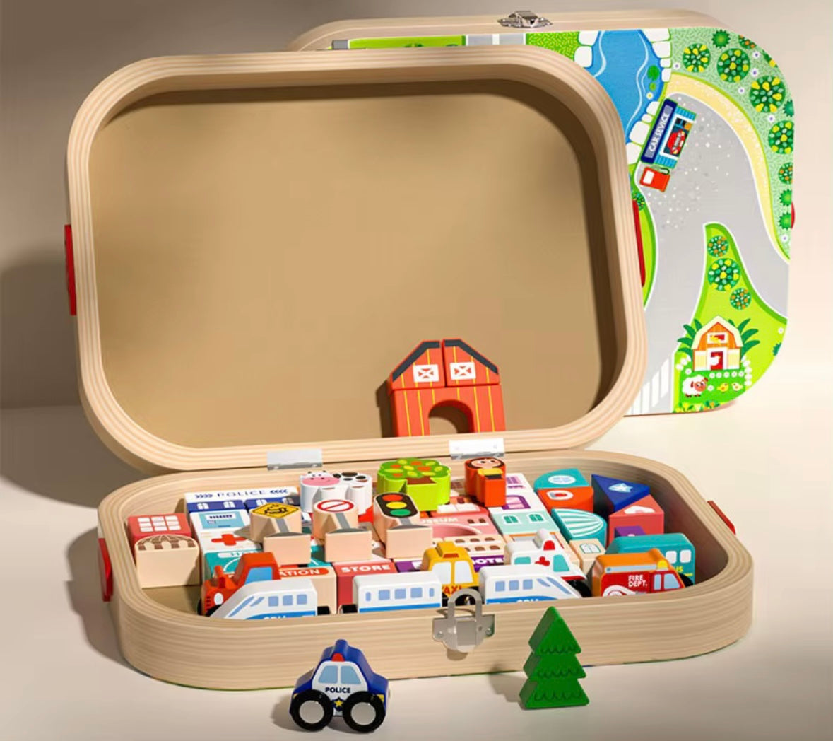 Wooden City Building Blocks Playset with Road Map Storage Case - Montessori Inspired