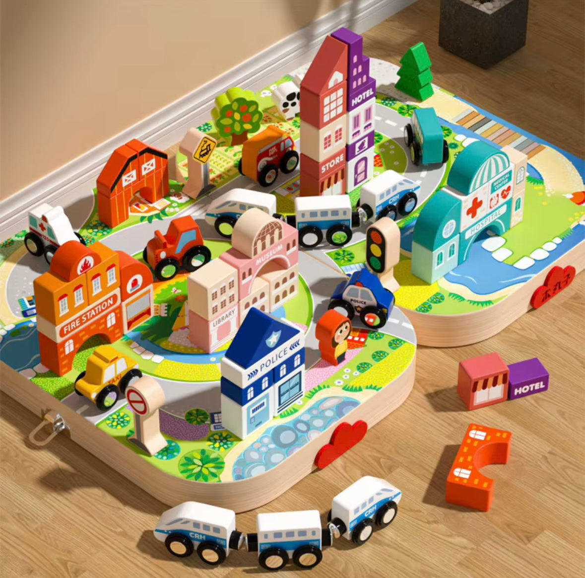 Wooden City Building Blocks Playset with Road Map Storage Case - Montessori Inspired
