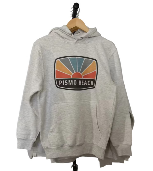 light gray Pismo Beach Hoodie with retro nostalgic sunburst design