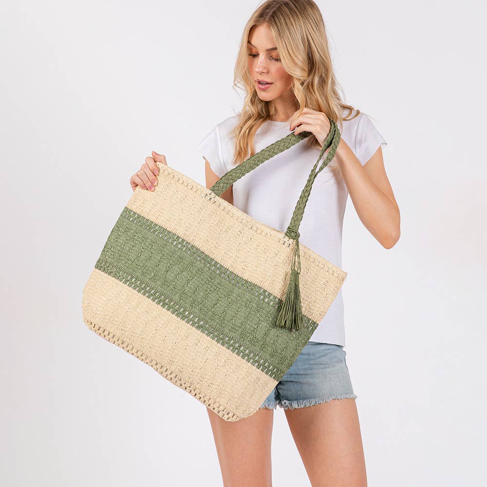 Two Tone Color Block Woven Tassel Straw Tote Bag / Beach Bag
