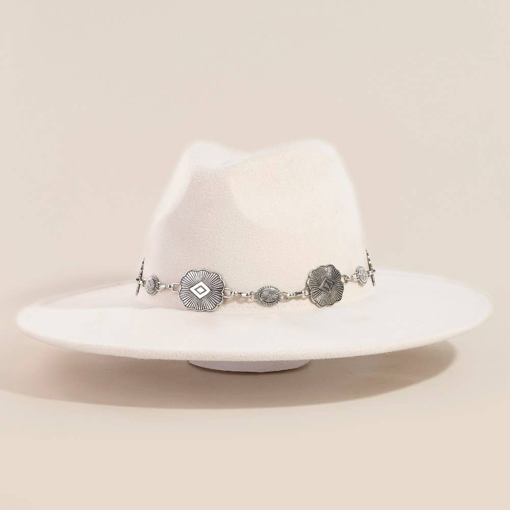 Concho Chain Strap Flat Brim Fedora Fashion Hat