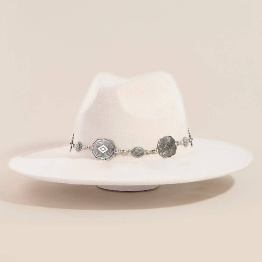 Concho Chain Strap Flat Brim Fedora Fashion Hat