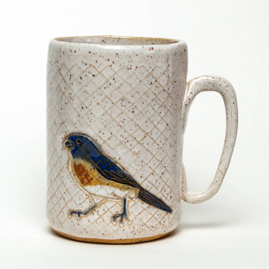 Blue Bird Pattern Handmade Stoneware White 14oz Mug