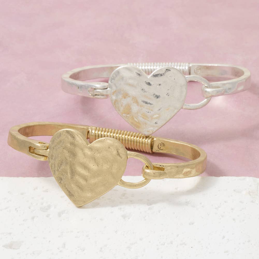 Hammered Heart Hinge Bangle Bracelet