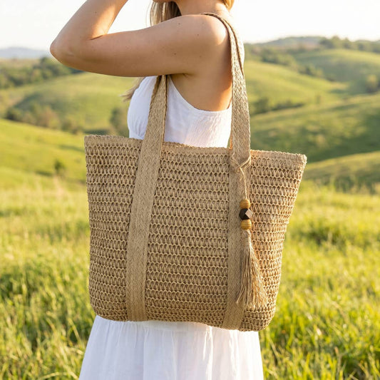 Woven Paper Straw Tote Bag With Tassel