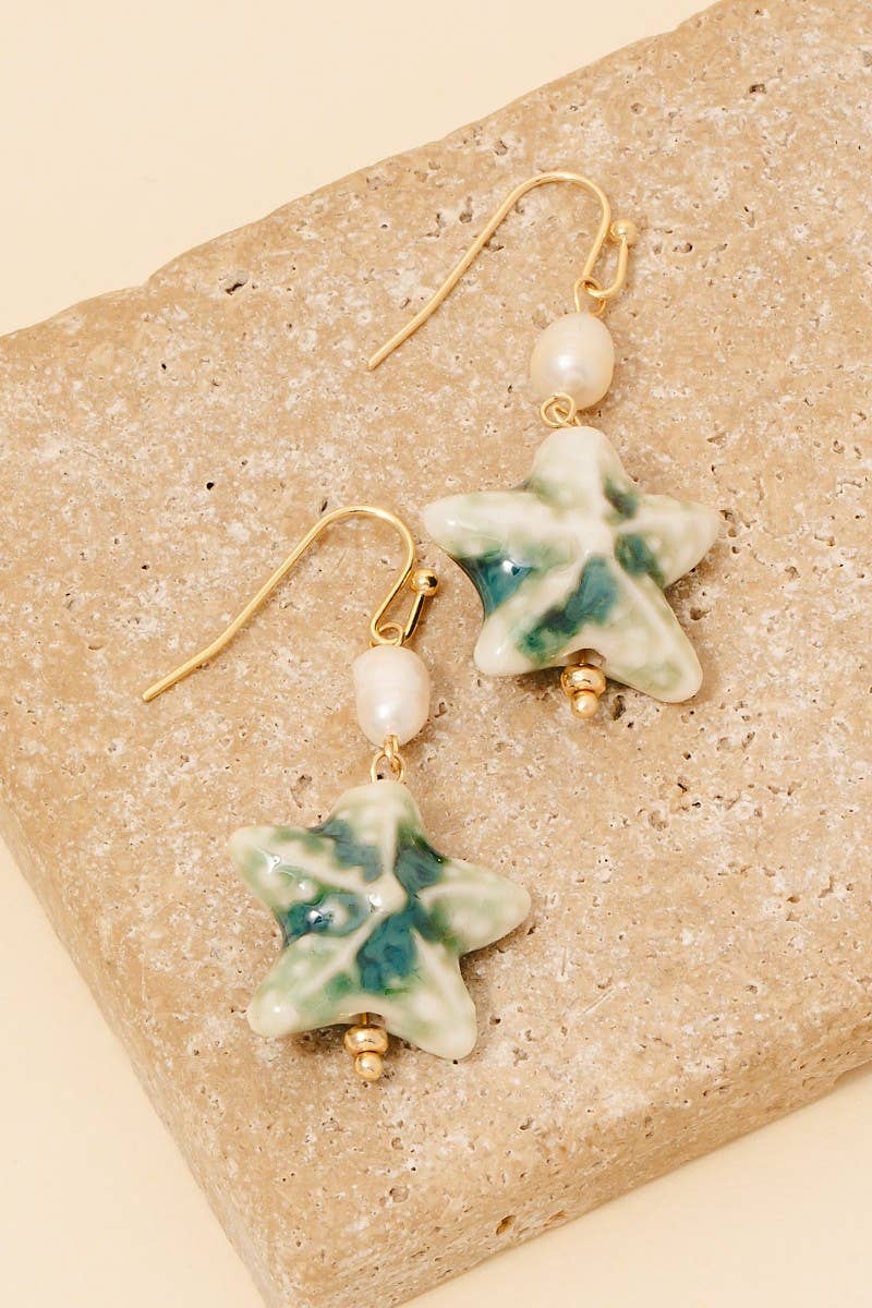 Pearl And Starfish Dangle Hook Earrings