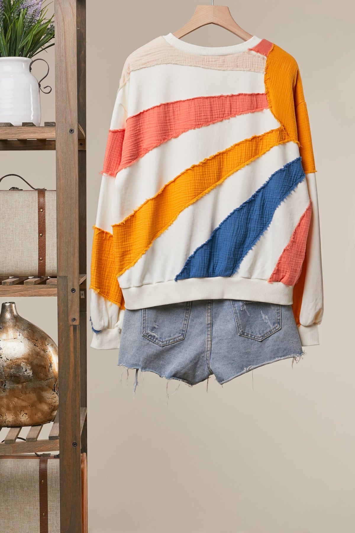 Retro Sunburst Mixed-Fabric Patchwork Sweatshirt
