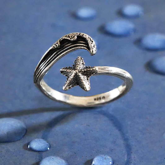 Sterling Silver Wave and Starfish Adjustable Ring