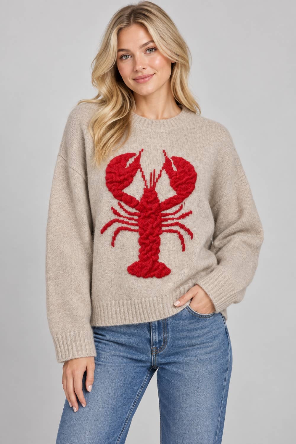 Women’s Oatmeal Lobster Sweater - Textured Crewneck Pullover
