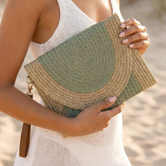 Half Moon Flap Woven Straw Clutch Bag