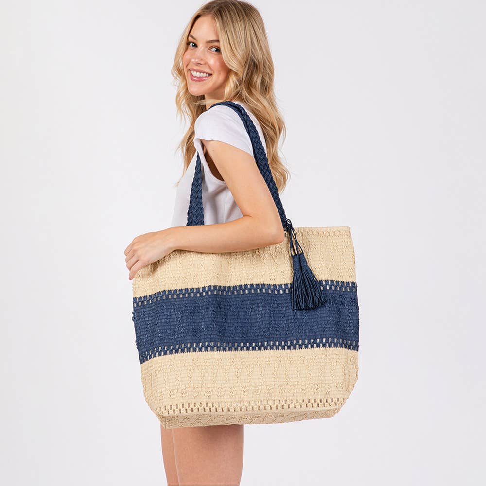 Two Tone Color Block Woven Tassel Straw Tote Bag / Beach Bag