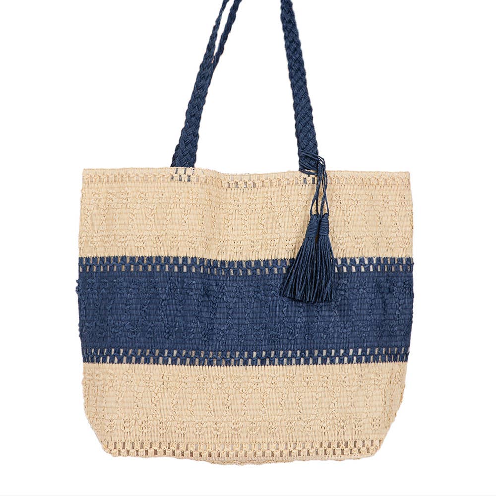 Two Tone Color Block Woven Tassel Straw Tote Bag / Beach Bag