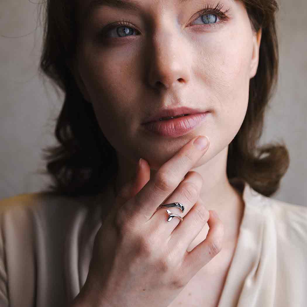 Sterling Silver Adjustable Wave and Whale Tail Ring