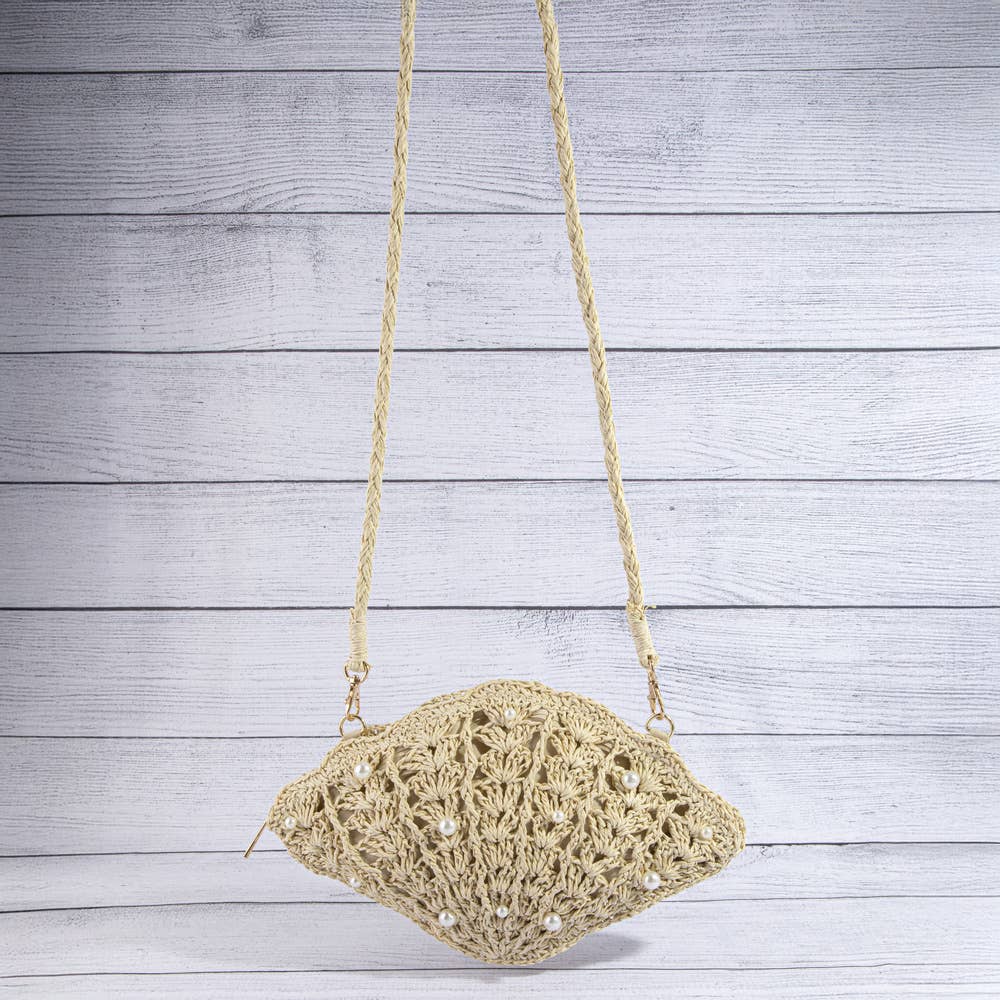 Shell Pearl Beaded Straw Crochet Crossbody Bag